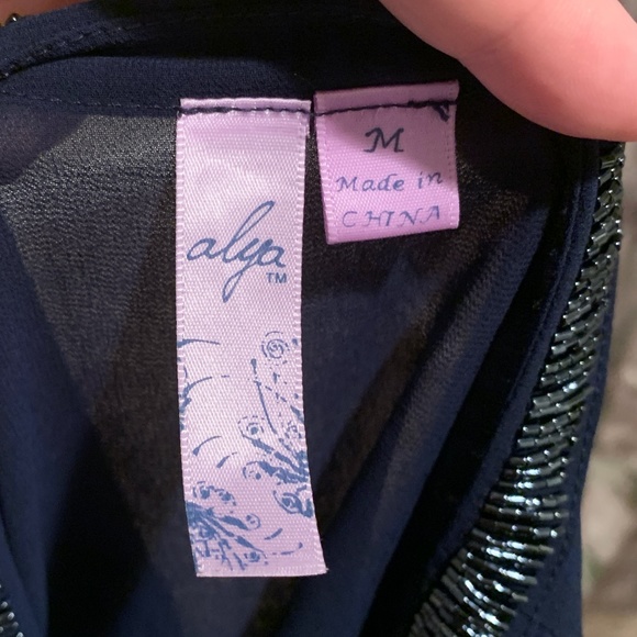 Alya Navy Blue Bell Sleeve Sheer Beaded Blouse - Picture 7 of 7